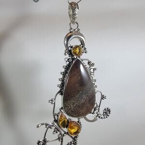 Petrified Wood Pendant Necklace – With Citrine Accents + 20" Silver Chain